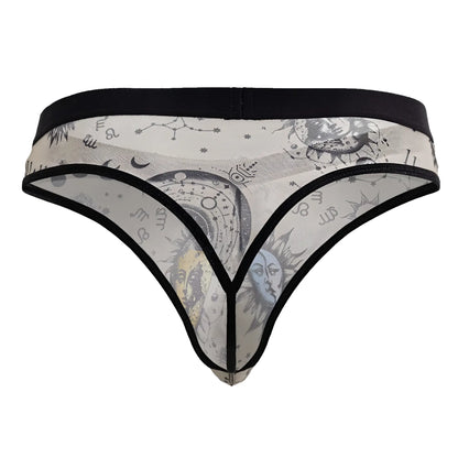 Black-trimmed sheer thong in nude and black featuring celestial sun moon faces zodiac symbols and constellations design
