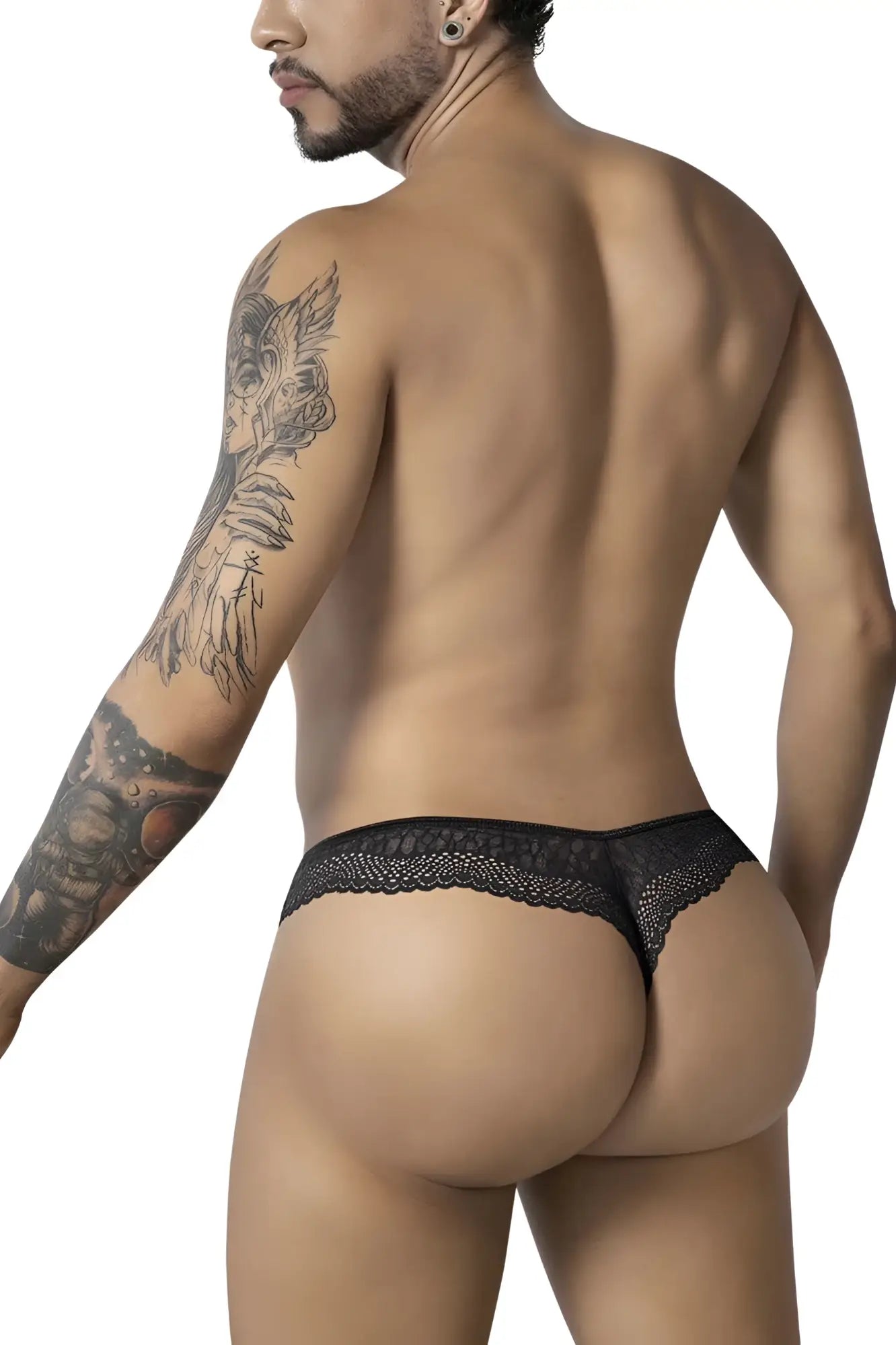 Black lace thong with delicate intricate pattern from candyman 99887 leopard thongs color animal print collection