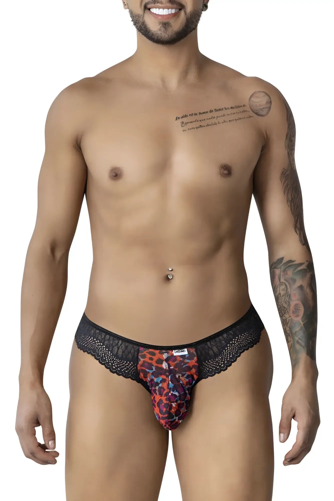 Black lace-trimmed men’s briefs candyMan 99887 with vibrant red orange and purple leopard print animal pattern