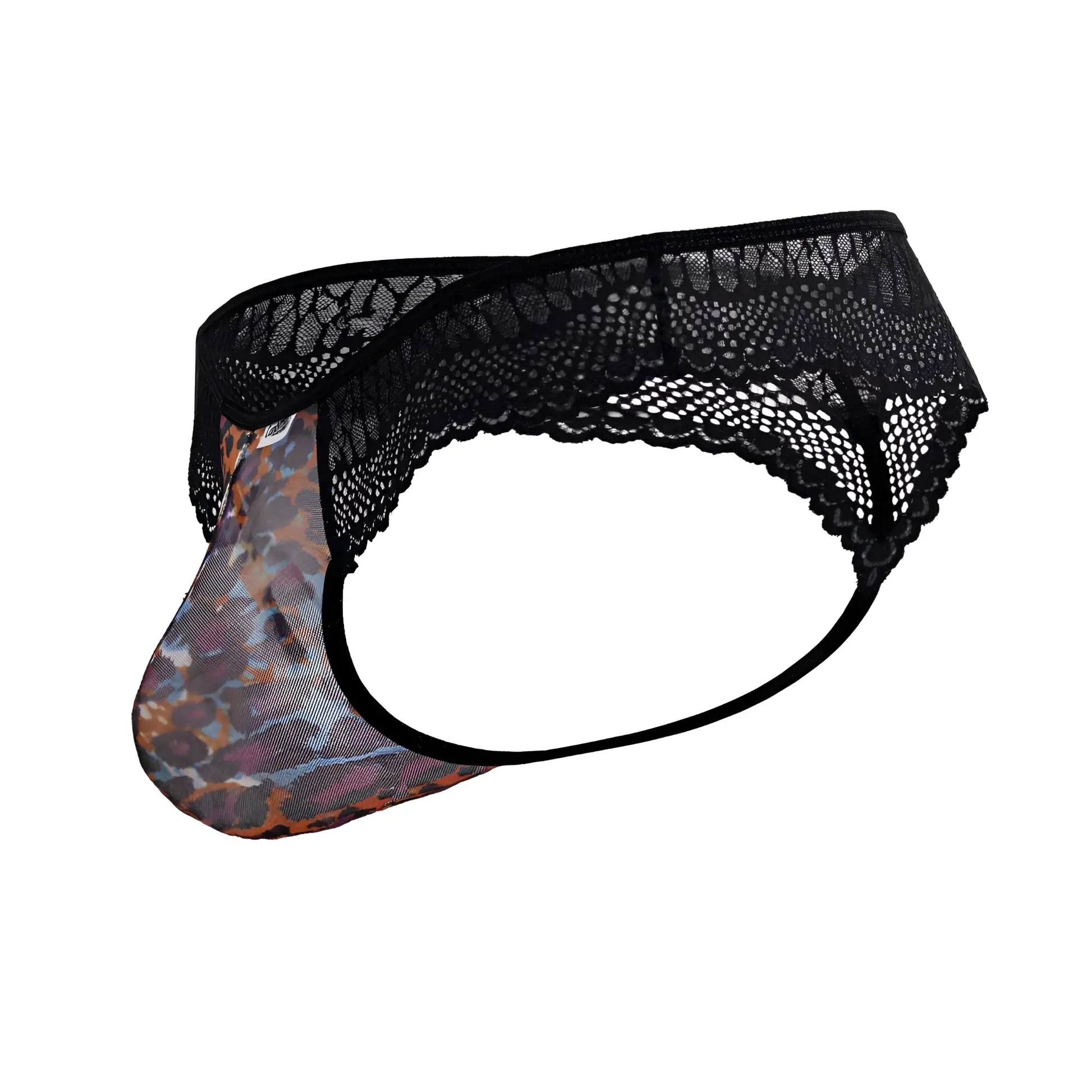 Black lace-trimmed CandyMan 99887 men’s thong with leopard print mesh front panel animal print color