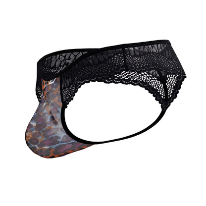 Black lace-trimmed CandyMan 99887 men’s thong with leopard print mesh front panel animal print color