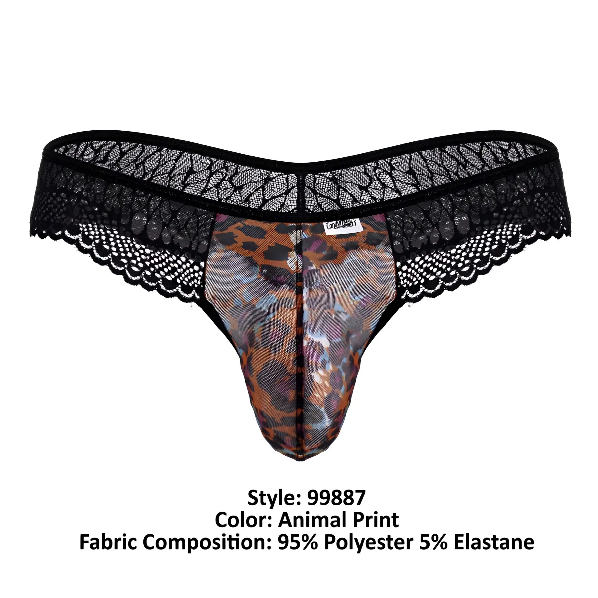 Black lace-trimmed thong with leopard print center panel candyMan 99887 made of 95 polyester and 5 elastane