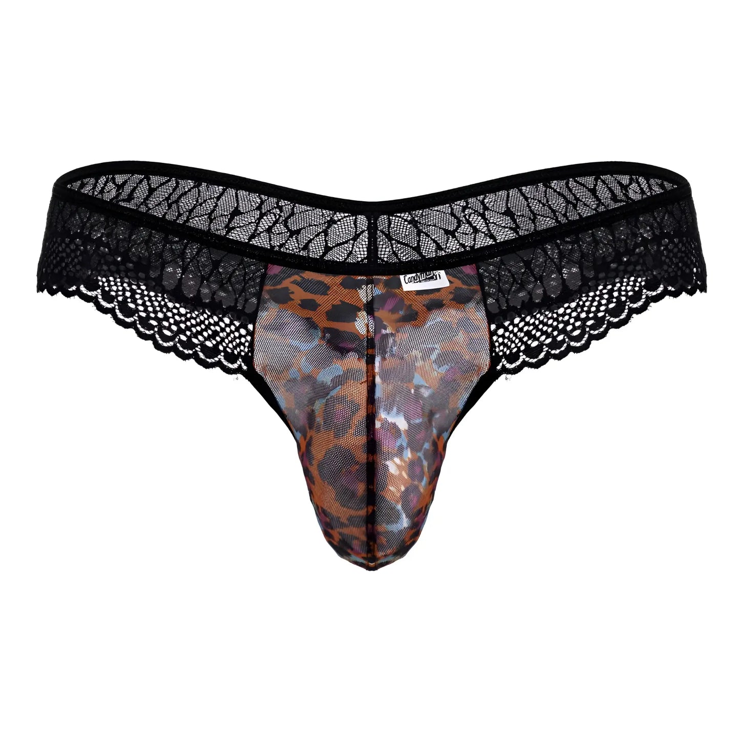 Black lace-trimmed thong with a sheer leopard-print mesh front from CandyMan 99887 animal print collection