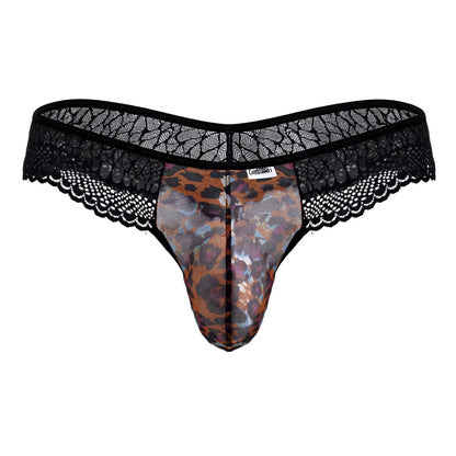 Black lace-trimmed thong with a sheer leopard-print mesh front from CandyMan 99887 animal print collection
