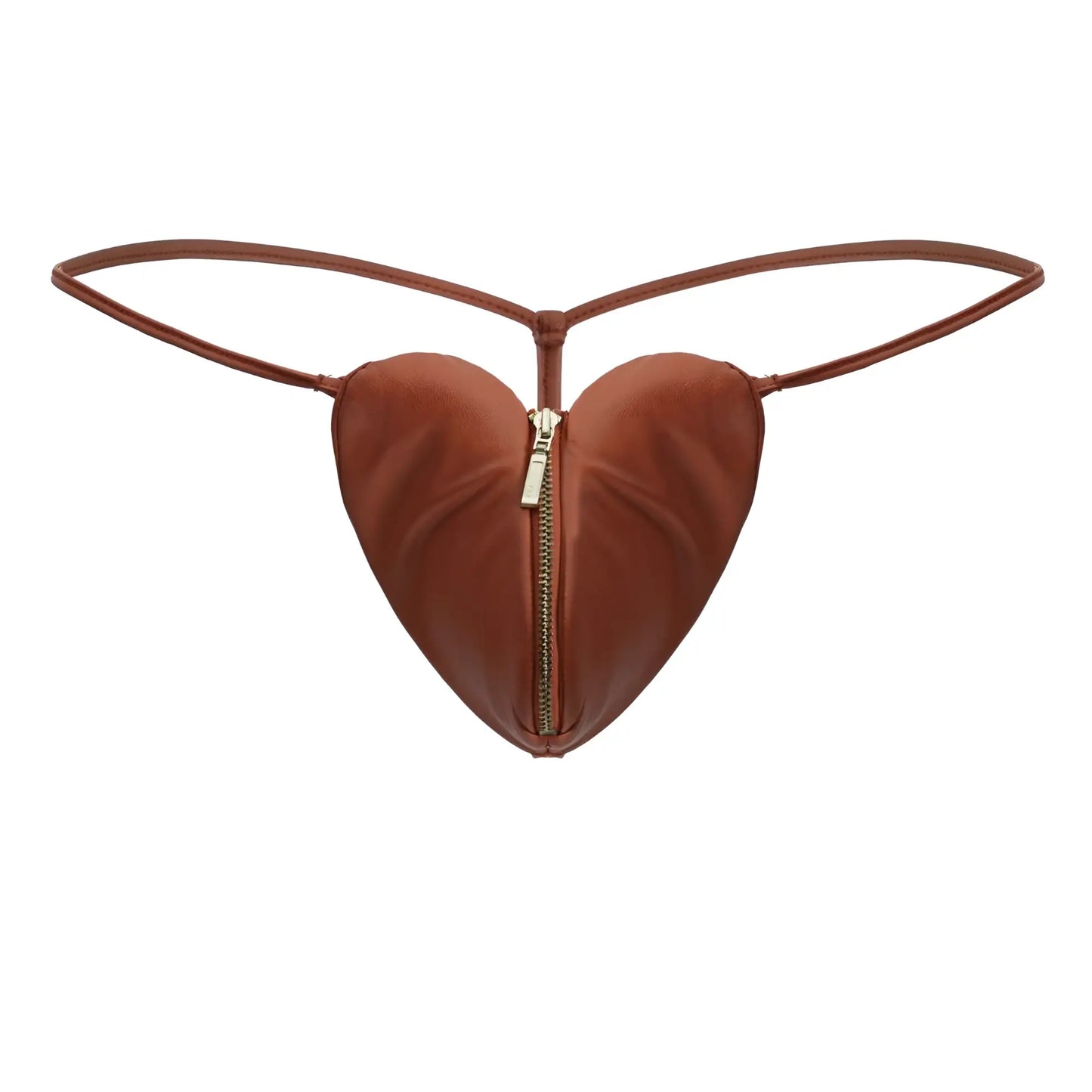 CandyMan 99892 heart thongs red color with brown heart-shaped pouch central zipper and thin straps visible