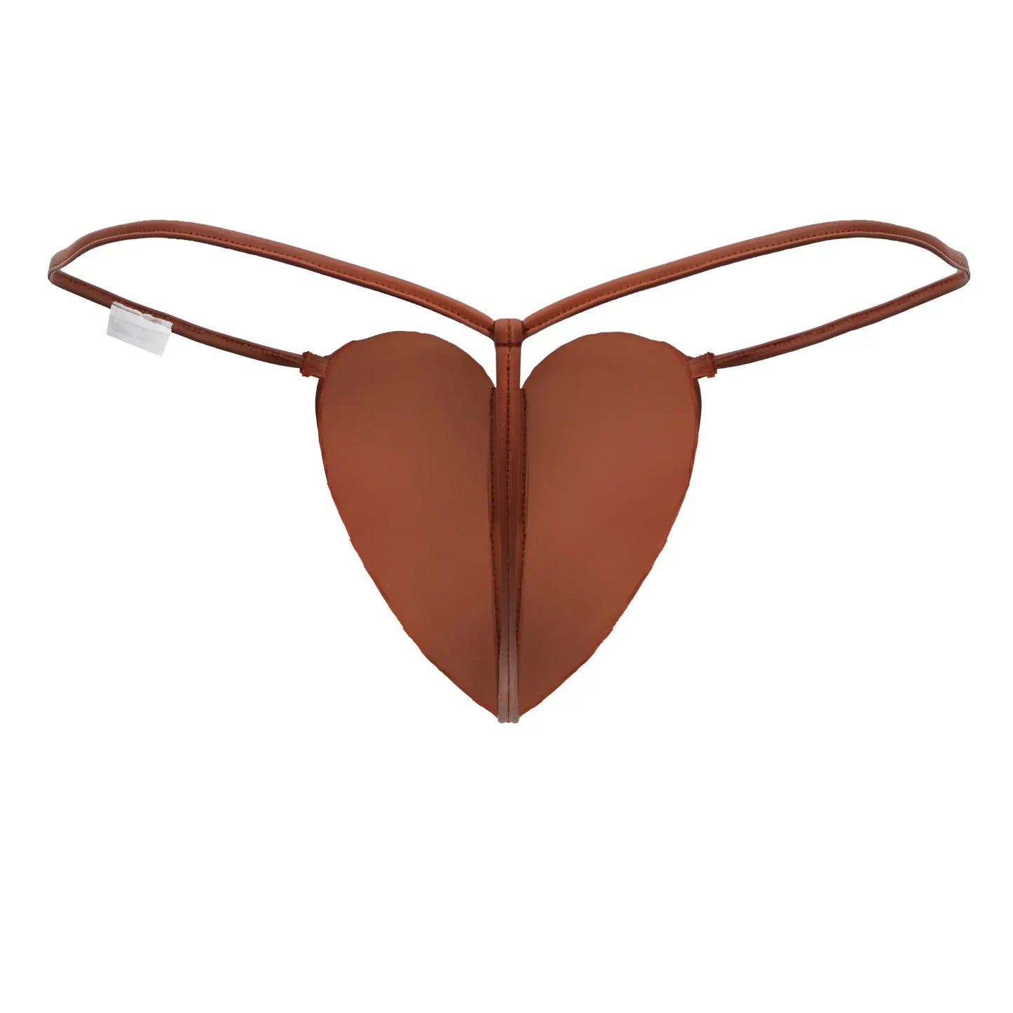 Brown heart-shaped thong with thin straps made of smooth leather-like material from Candyman 99892 in red color