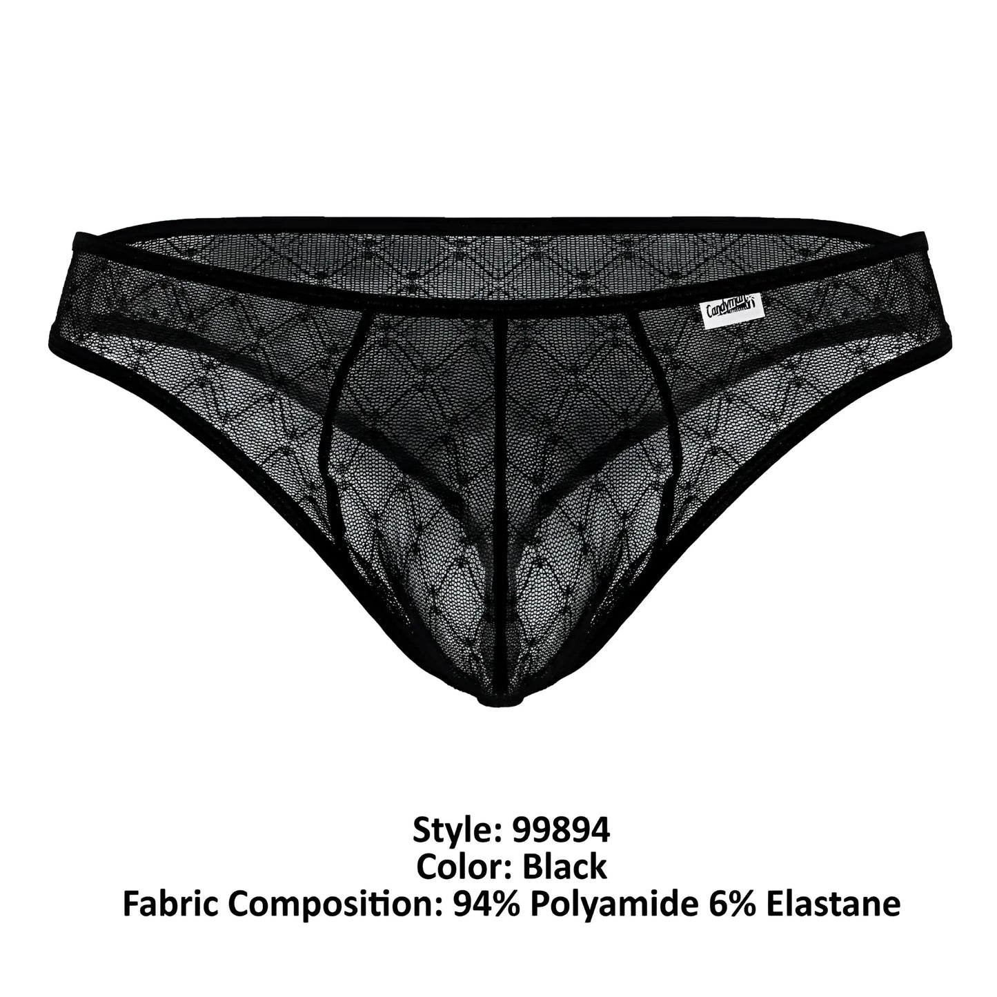Black lace thong candyMan 99894 with diamond-patterned mesh and reinforced elastic waistband in black shown from back
