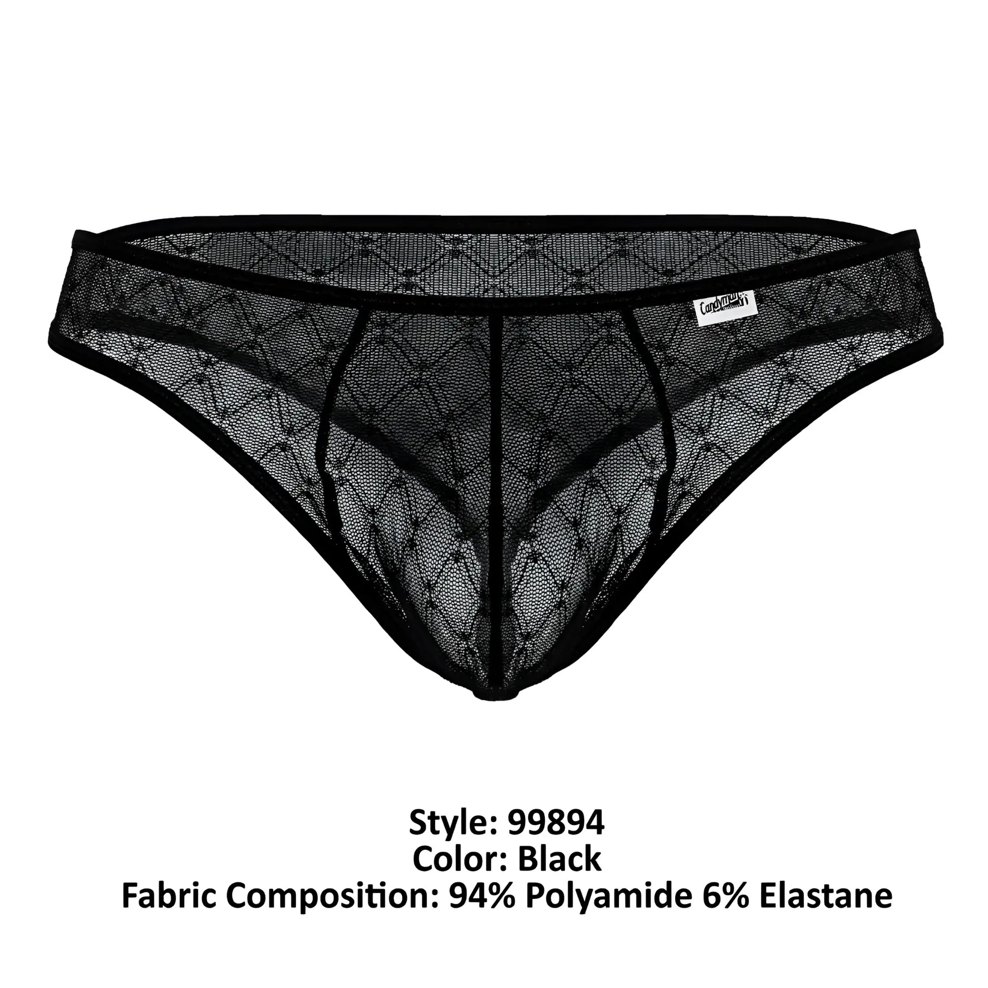 Black lace thong candyMan 99894 with diamond-patterned mesh and reinforced elastic waistband in black shown from back