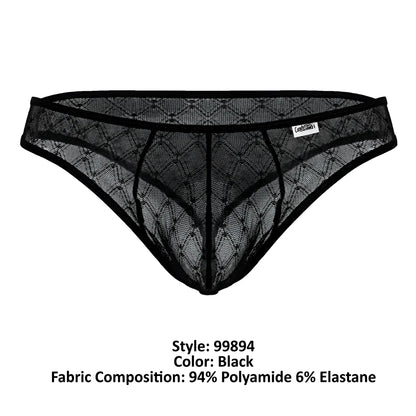 Black lace thong candyMan 99894 with diamond-patterned mesh and reinforced elastic waistband in black shown from back