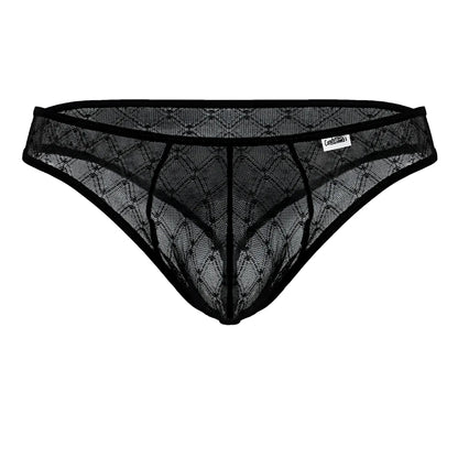 Black lace thong candy man 99894 with diamond-patterned mesh and reinforced elastic waistband in black shown from back