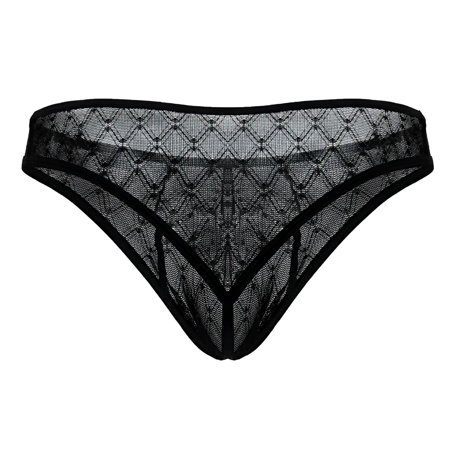 CandyMan 99894 black sheer lace thong with geometric diamond mesh design and solid black trim front view