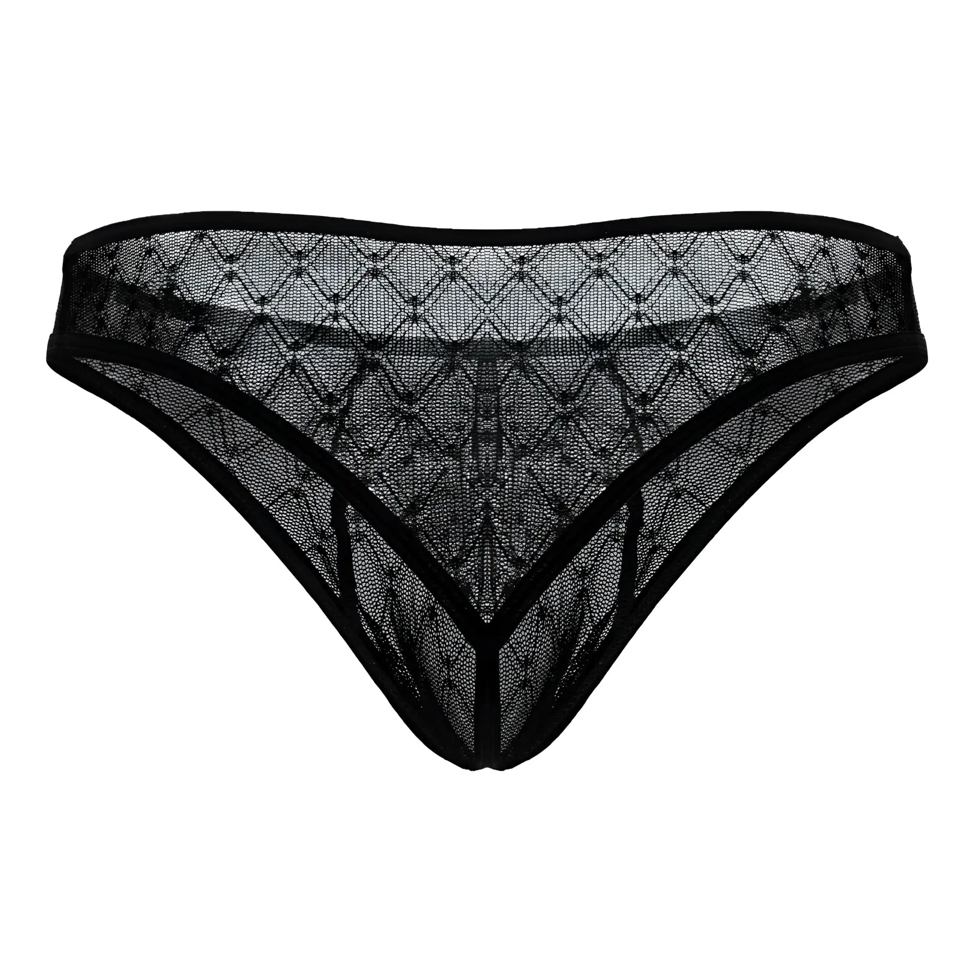 CandyMan 99894 black sheer lace thong with geometric diamond mesh design and solid black trim front view
