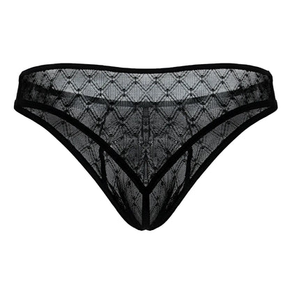 CandyMan 99894 black sheer lace thong with geometric diamond mesh design and solid black trim front view
