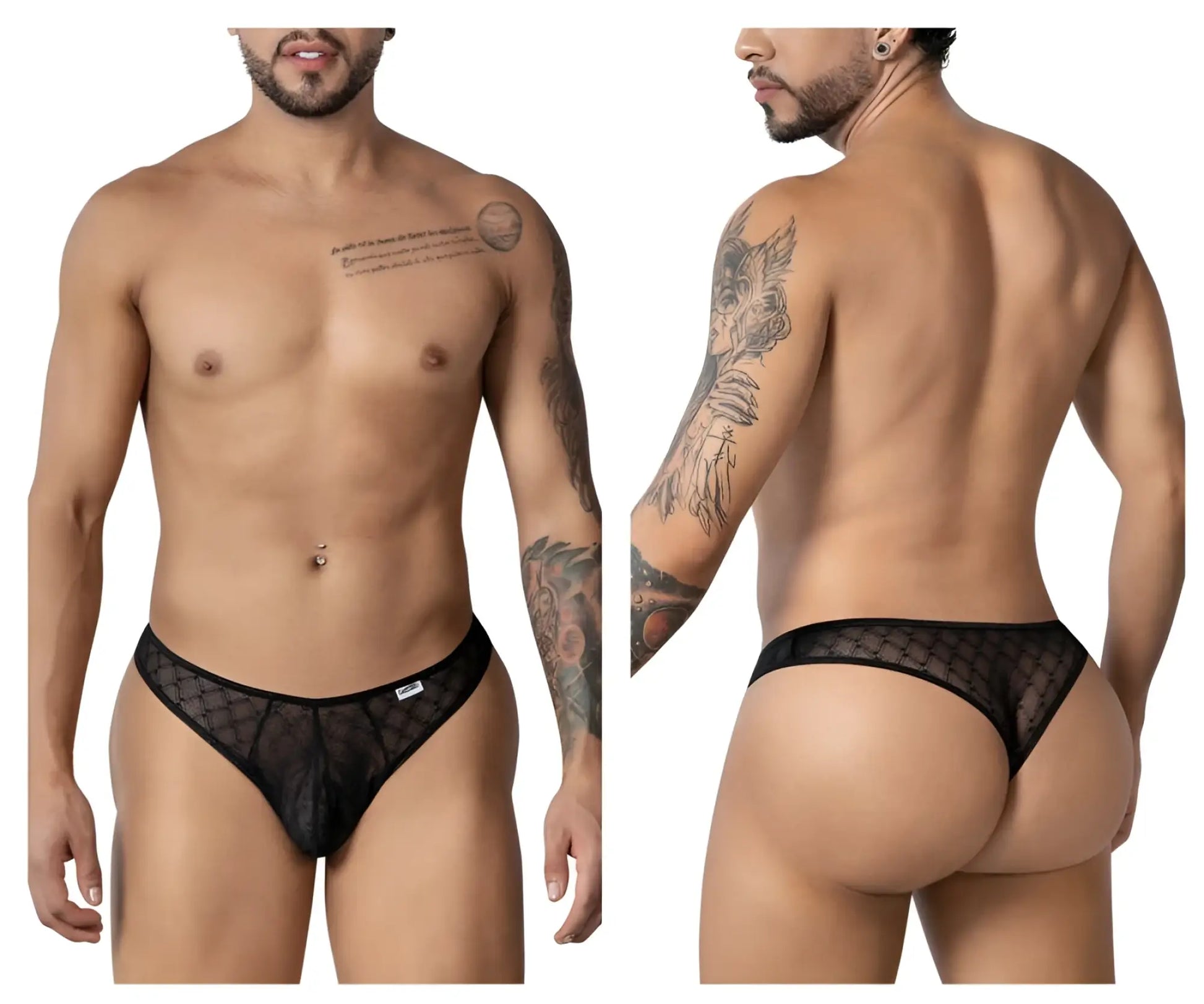 Black CandyMan 99894 sheer mesh briefs with subtle geometric pattern and solid black waistband front view
