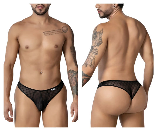 Black CandyMan 99894 sheer mesh briefs with subtle geometric pattern and solid black waistband front view