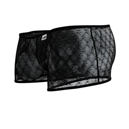 CandyMan 99896 black mesh trunks with diamond-patterned design and black lace trim for stylish men’s underwear