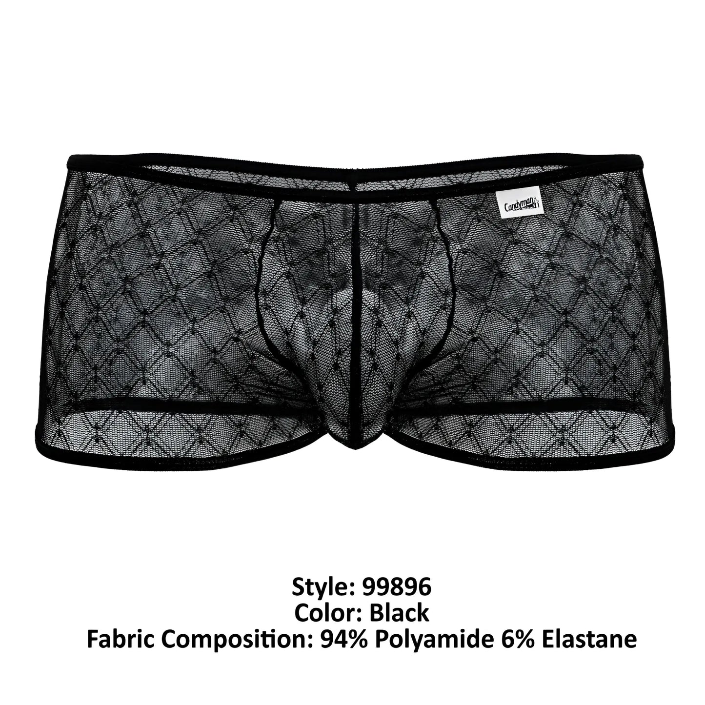 CandyMan 99896 black sheer mesh briefs with diamond pattern and black elastic waistband front view