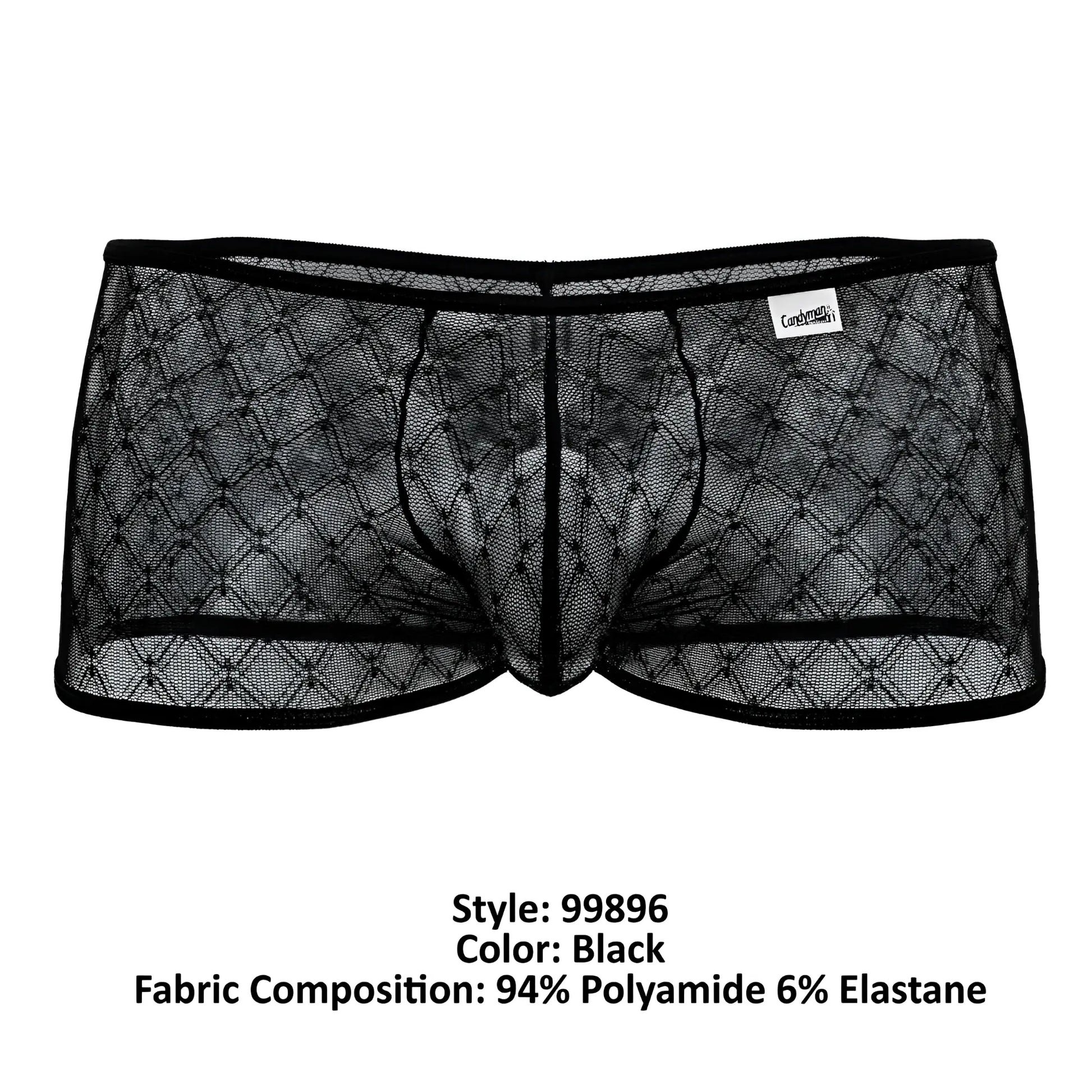 CandyMan 99896 black sheer mesh briefs with diamond pattern and black elastic waistband front view