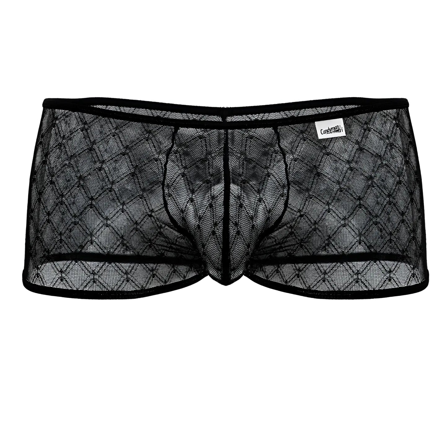 CandyMan 99896 black sheer mesh briefs with diamond pattern and reinforced elastic waistband front view