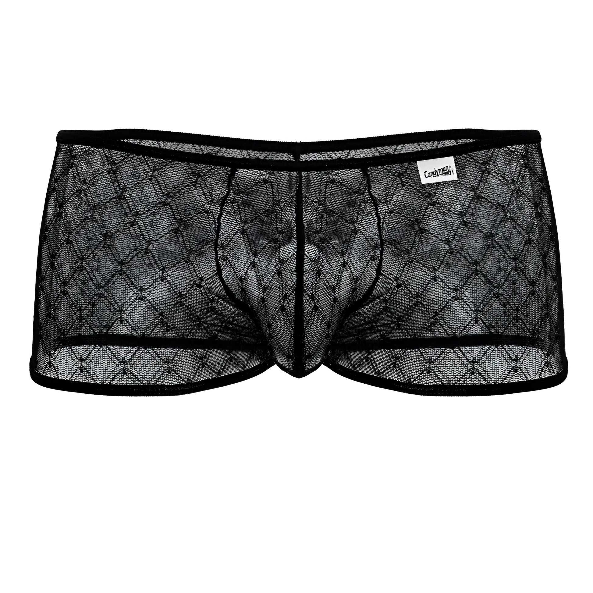 CandyMan 99896 black sheer mesh briefs with diamond pattern and reinforced elastic waistband front view
