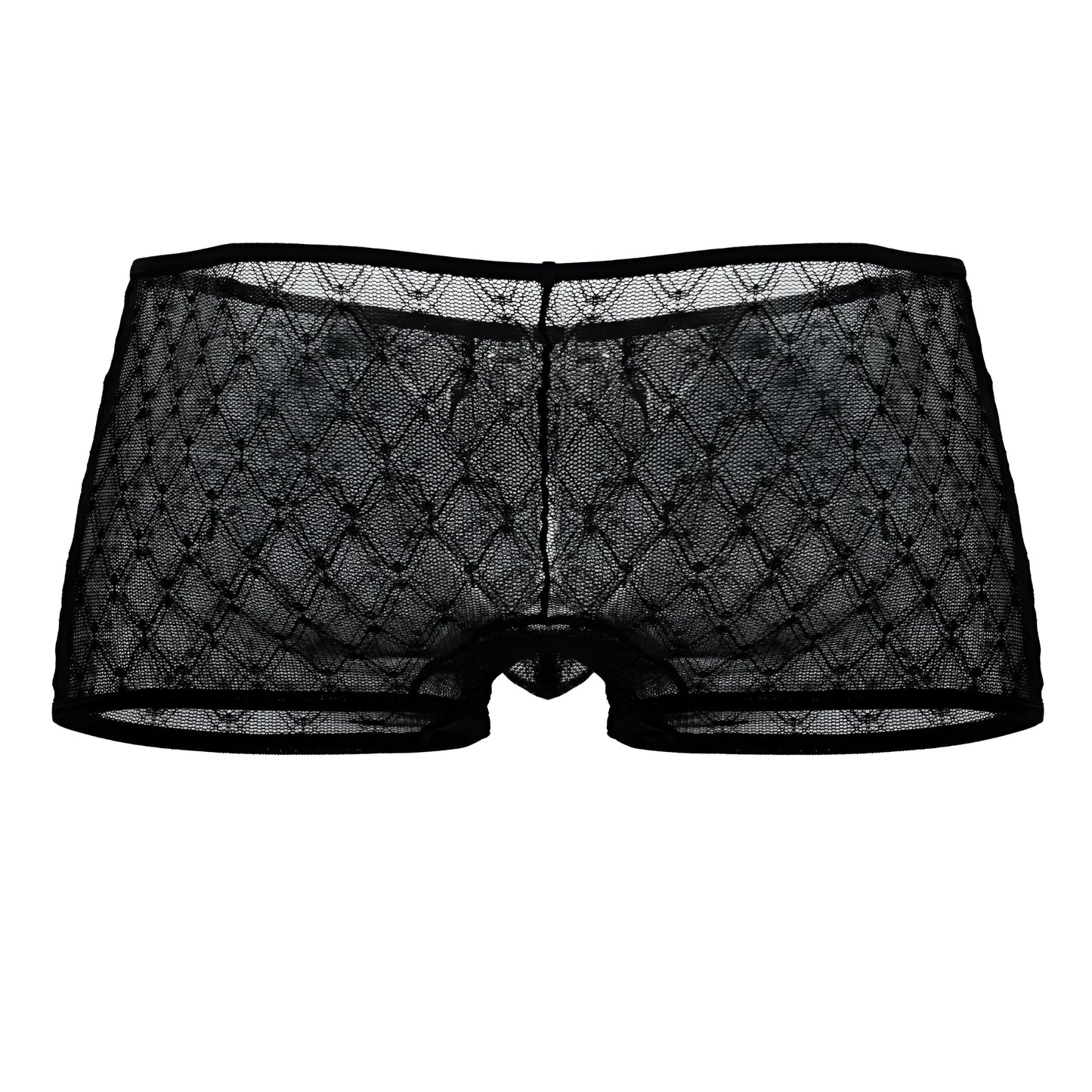 CandyMan 99896 geometric mesh trunks in black feature sheer lace with a diamond pattern and a reinforced waistband