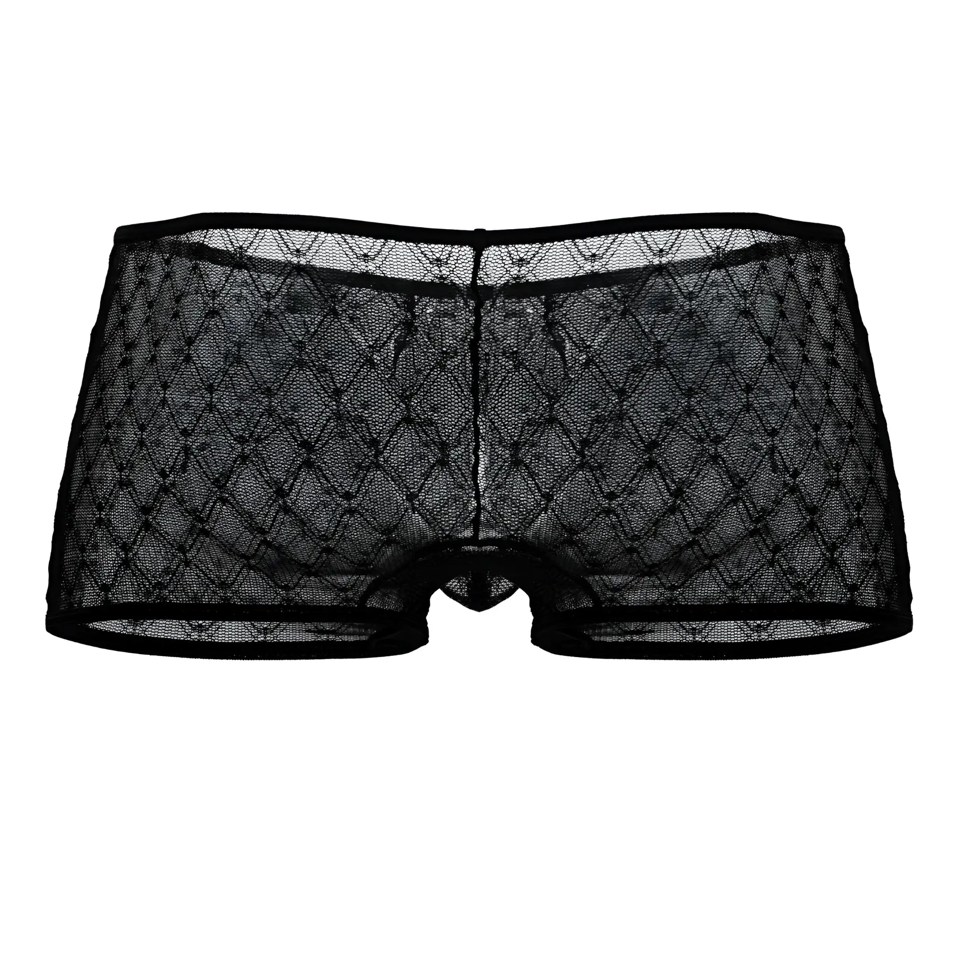 CandyMan 99896 geometric mesh trunks in black feature sheer lace with a diamond pattern and a reinforced waistband