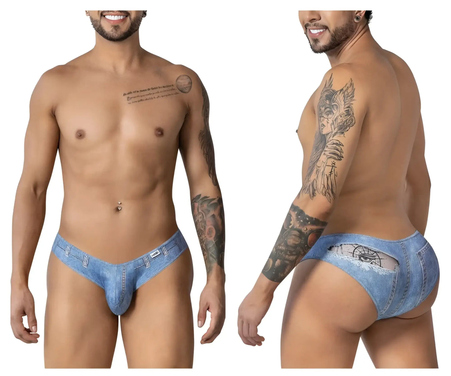 Blue denim CandyMan 99897 cowboy briefs showing back side cutout design on cotton denim fabric