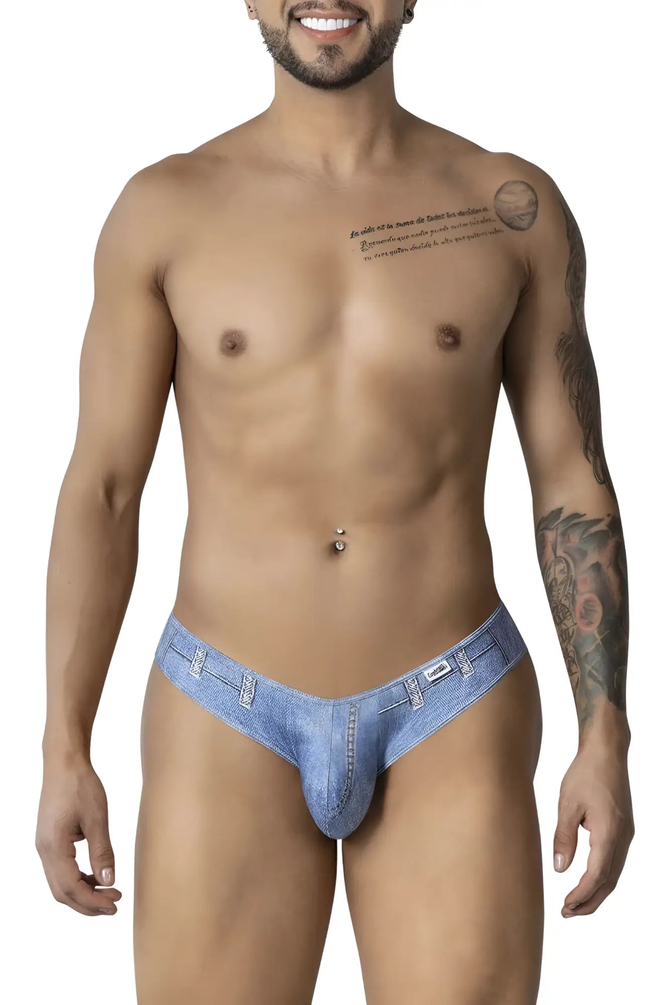 Light blue denim cowboy briefs candyman 99897 with belt loop and button design front view