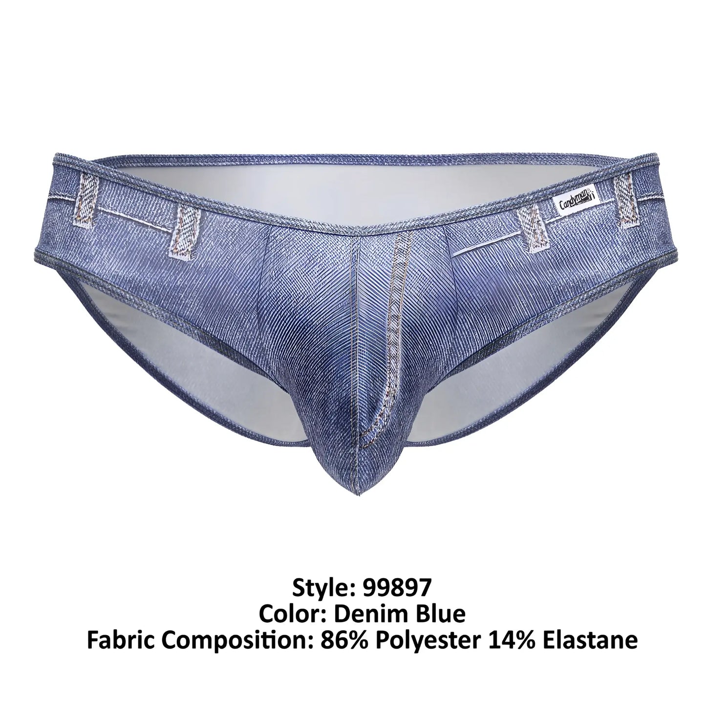 Denim blue candyMan cowboy briefs with faux denim texture and stitched pocket details for men
