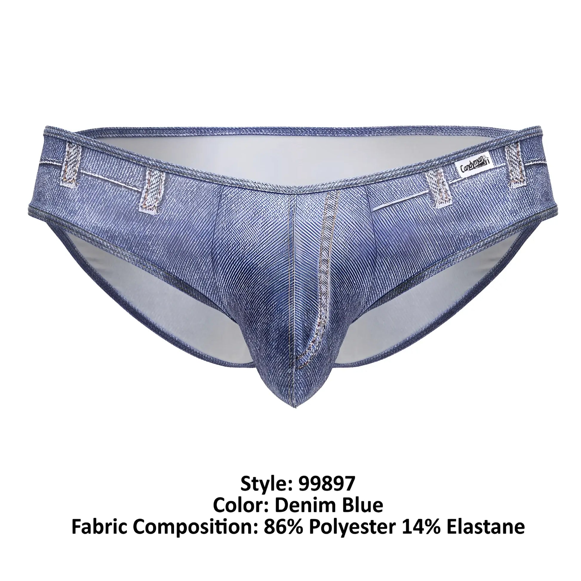 Denim blue candyMan cowboy briefs with faux denim texture and stitched pocket details for men