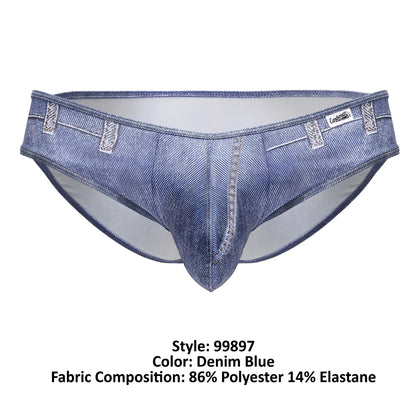 Denim blue candyMan cowboy briefs with faux denim texture and stitched pocket details for men