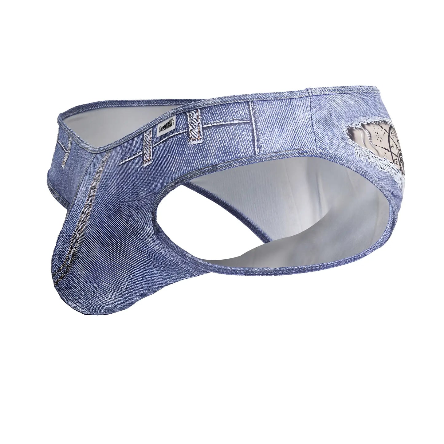Blued denim style candy man 99897 cowboy briefs for men with distressed patch and lace trim