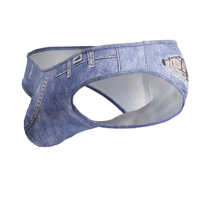 Blued denim style candy man 99897 cowboy briefs for men with distressed patch and lace trim
