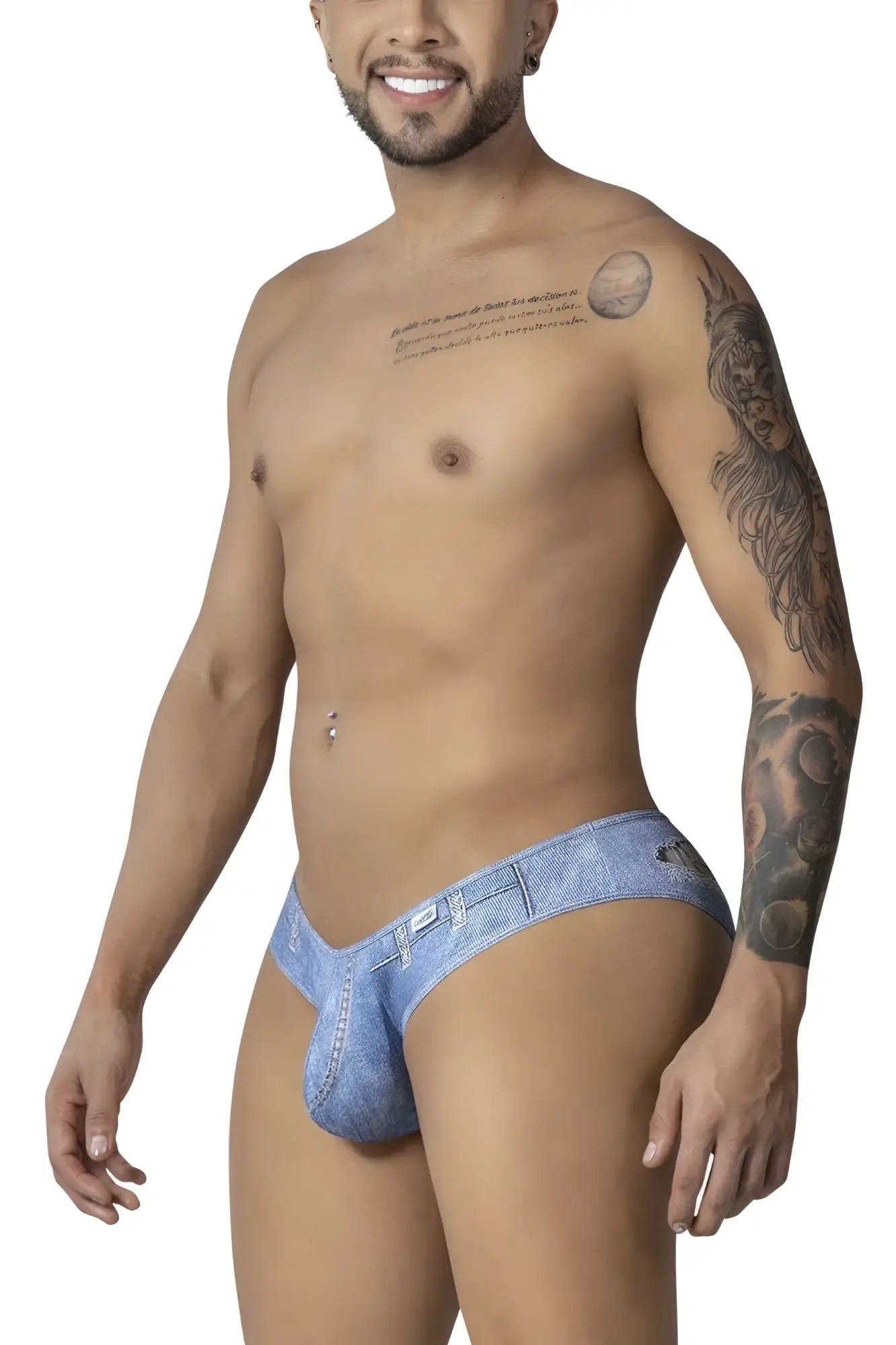 CandyMan 99897 cowboy briefs in denim blue featuring blue denim-style fabric with front pocket and belt loop detail