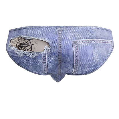 CandyMan 99897 cowboy briefs denim blue men’s underwear with distressed ripped patch revealing eye and clock design