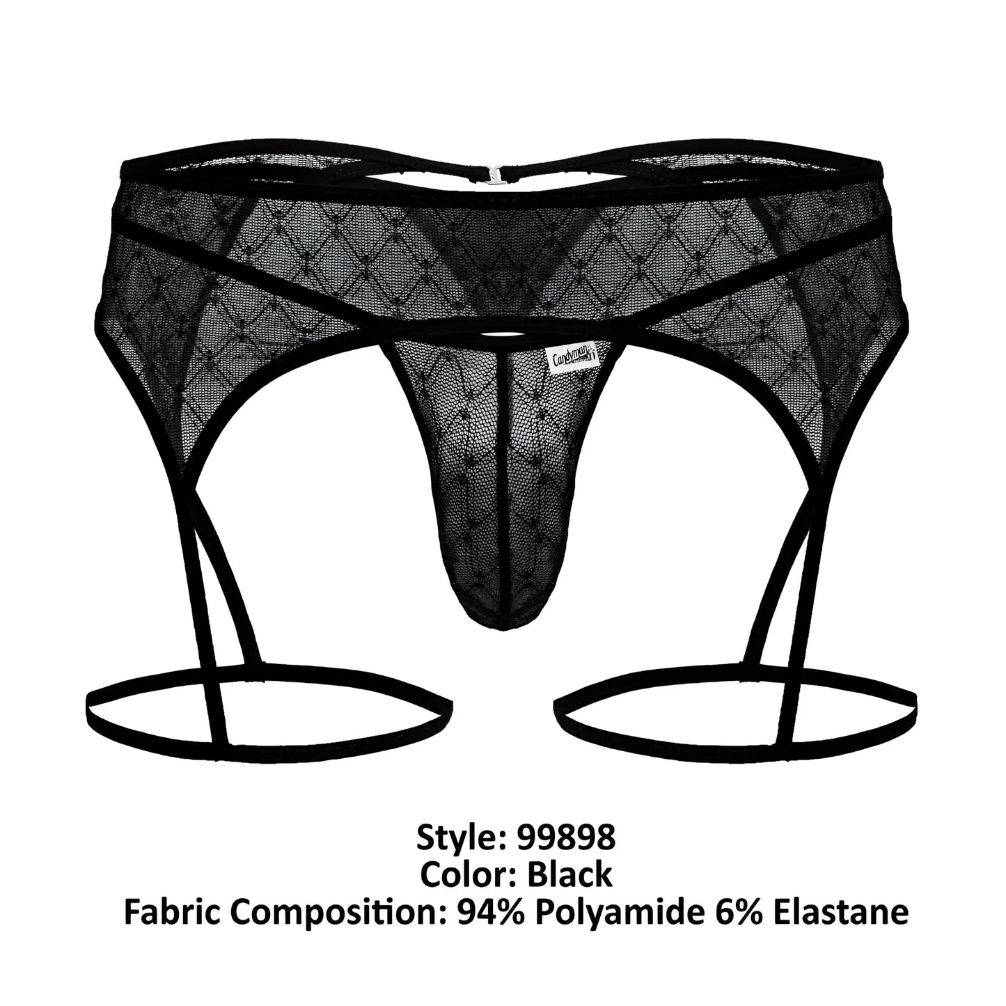 Black lace CandyMan 99898 garter belt with geometric diamond mesh and elastic straps in black color