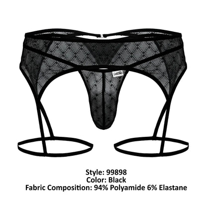 Black lace CandyMan 99898 garter belt with geometric diamond mesh and elastic straps in black color