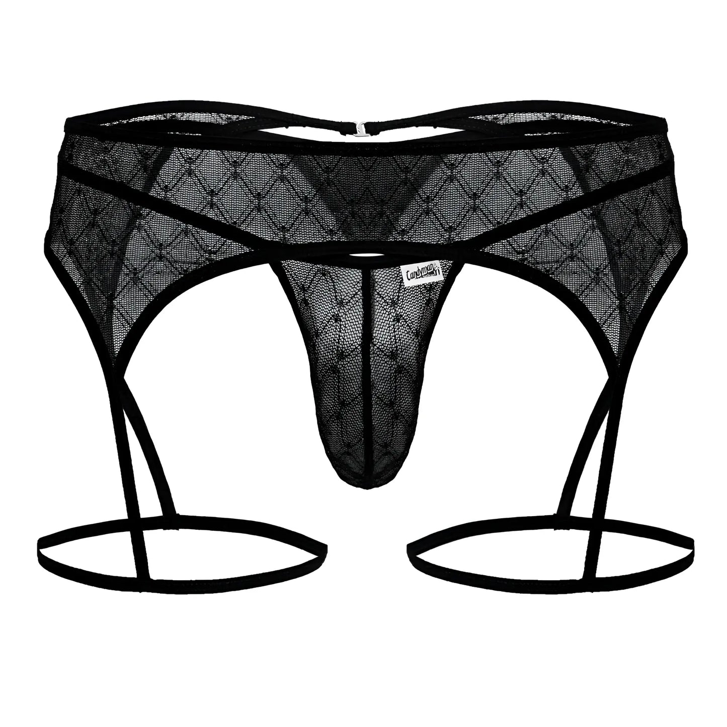 Black lace thong candy man 99898 with adjustable garter straps and diamond-patterned mesh design in black color