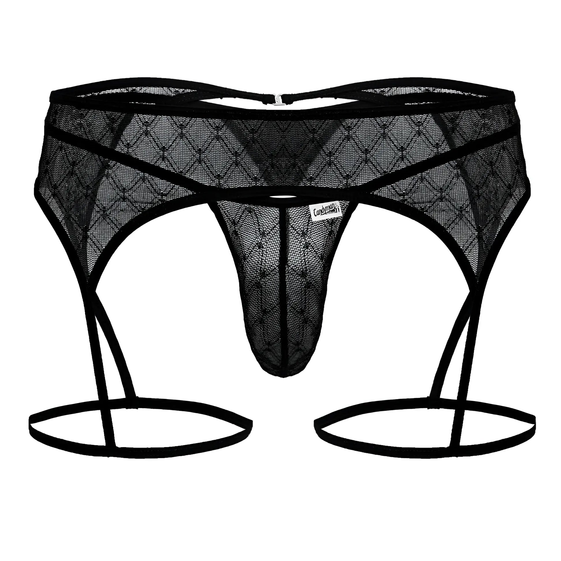 Black lace thong candy man 99898 with adjustable garter straps and diamond-patterned mesh design in black color