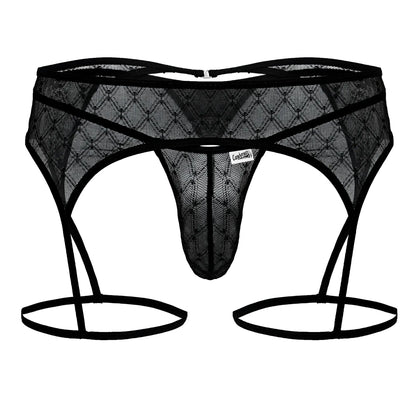 Black lace thong candy man 99898 with adjustable garter straps and diamond-patterned mesh design in black color