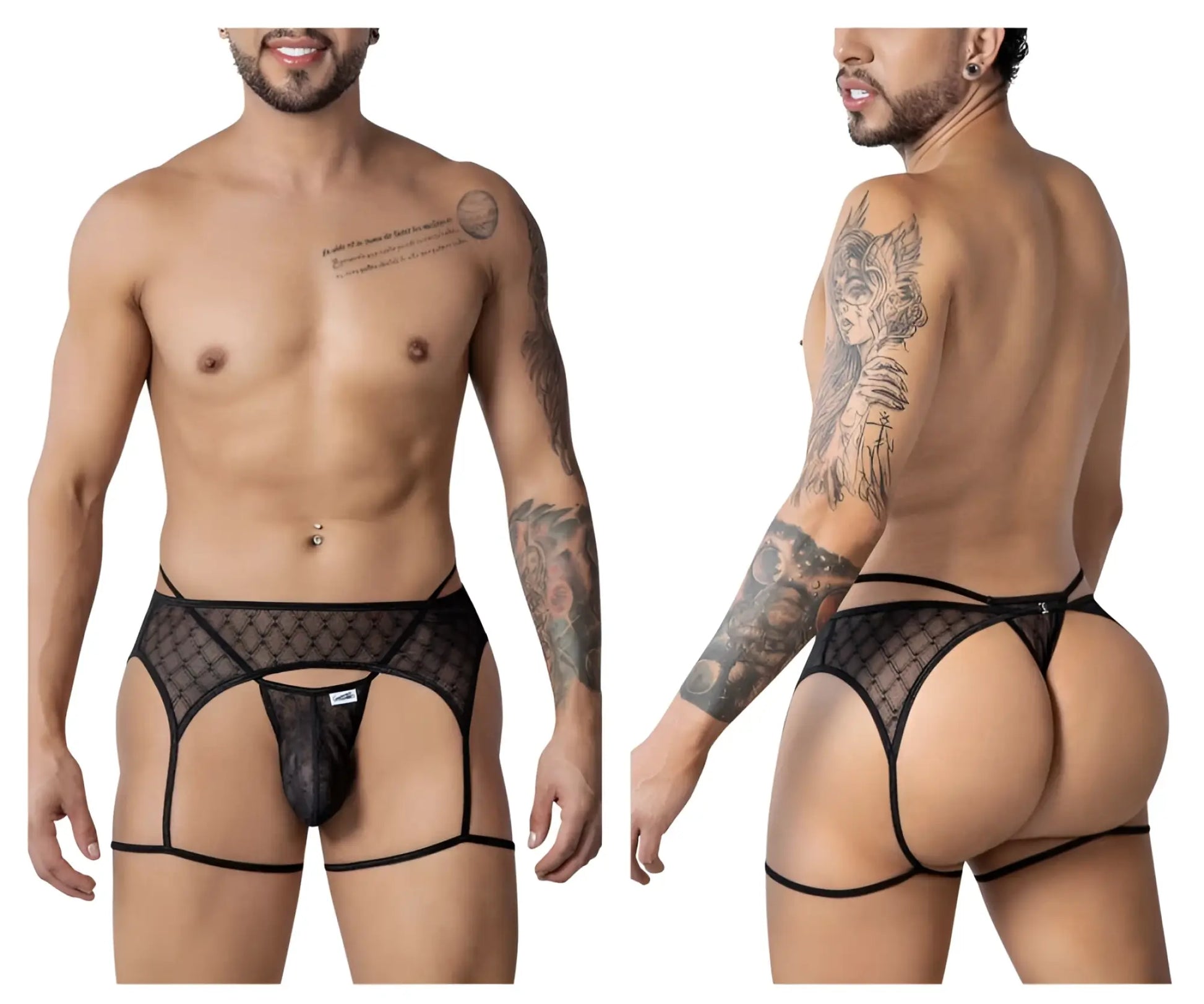 Black lace thong CandyMan 99898 with adjustable straps and geometric mesh design in black shown from the back side
