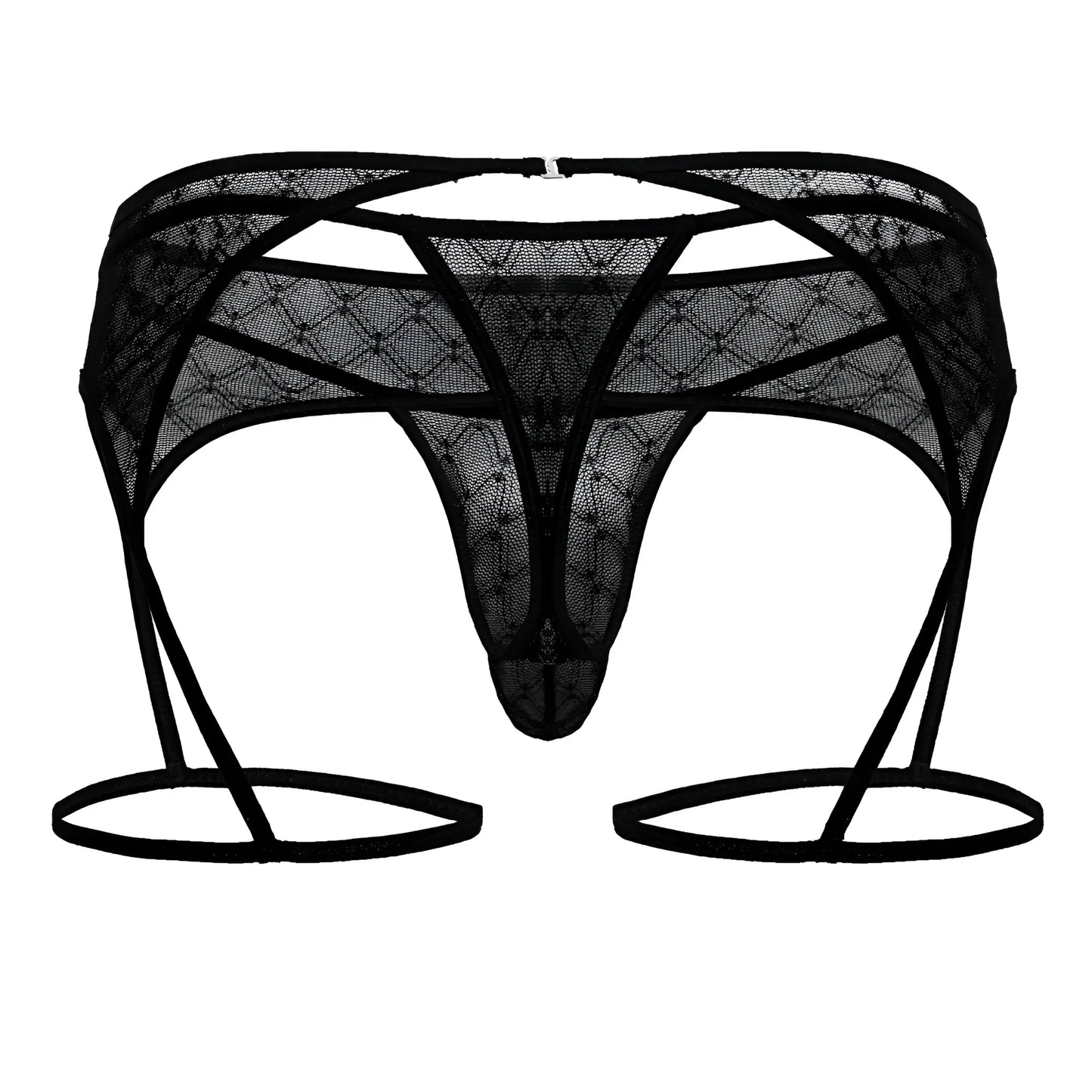 Black lace thong candy man 99898 with garter straps and diamond patterned geometric mesh design front view