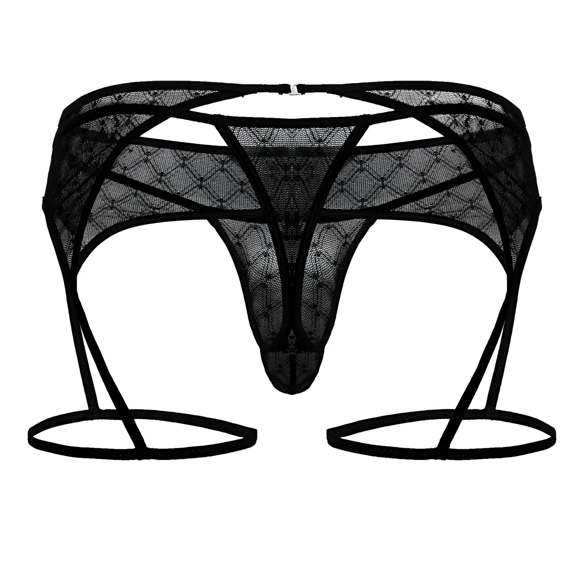 Black lace thong candy man 99898 with garter straps and diamond patterned geometric mesh design front view