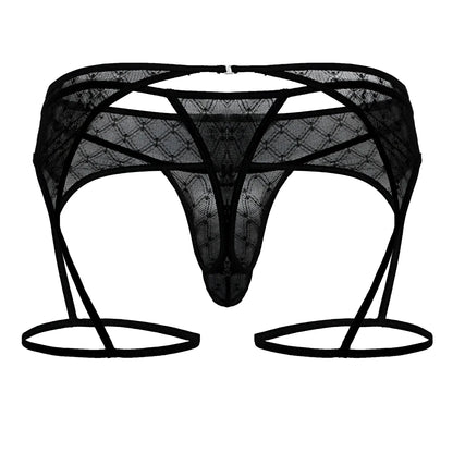 Black lace thong candy man 99898 with garter straps and diamond patterned geometric mesh design front view