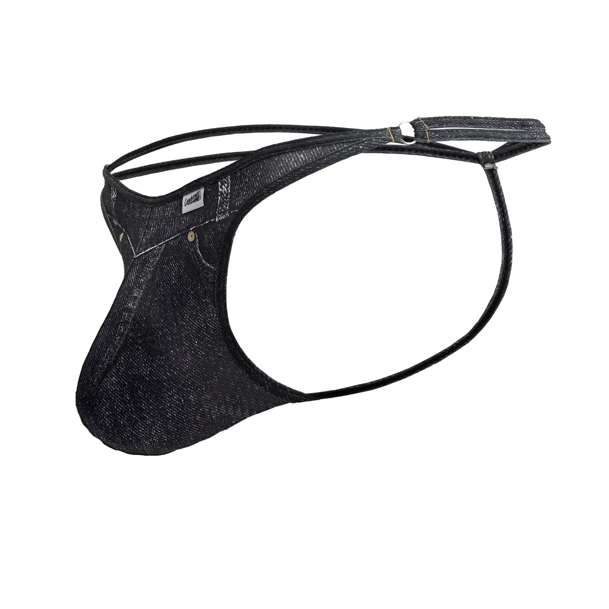 Black denim candyMan 99899 cowboy thong for men with subtle textured weave and reinforced stitching