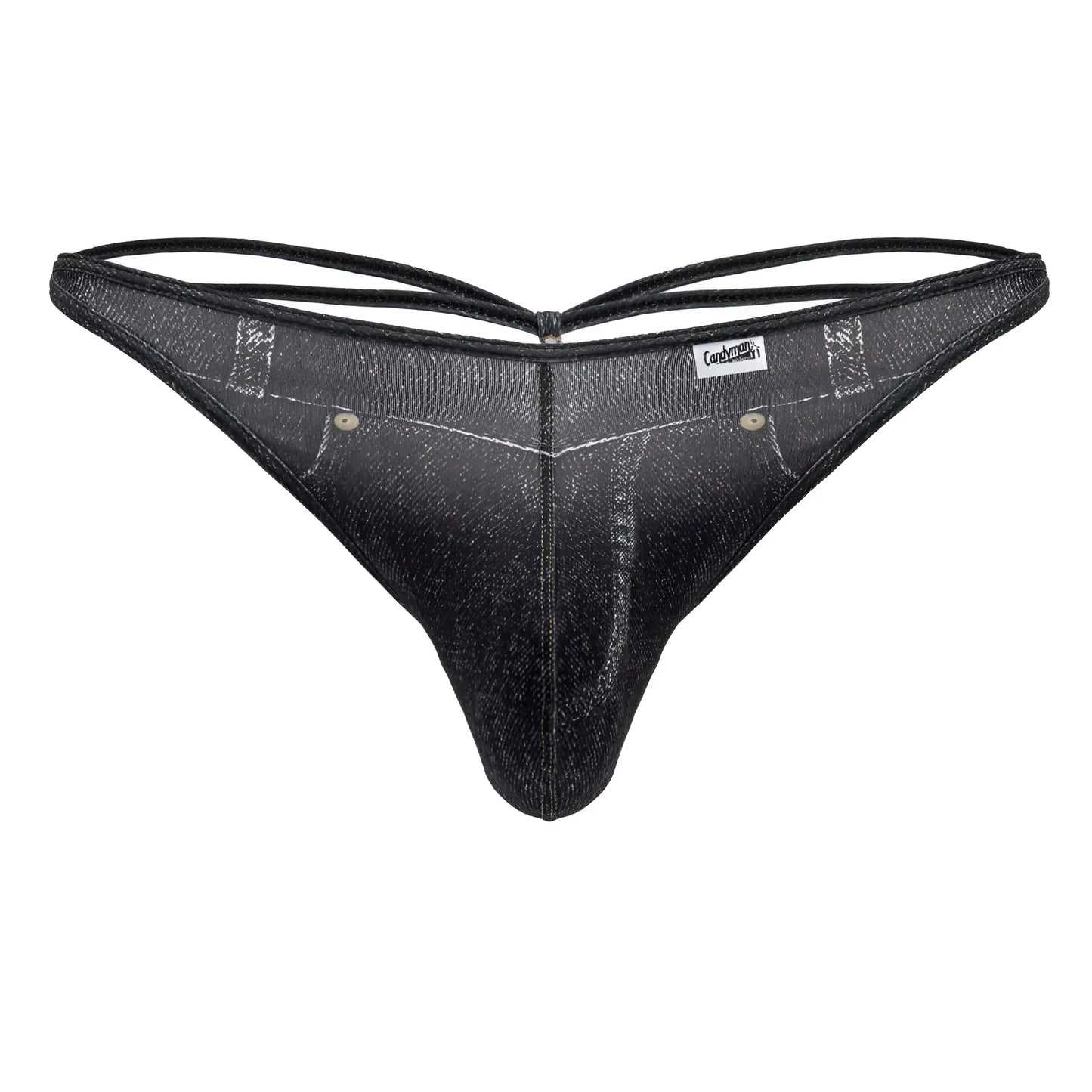 Black denim-style CandyMan 99899 cowboy thong with subtle glittery sheen and reinforced stitching details