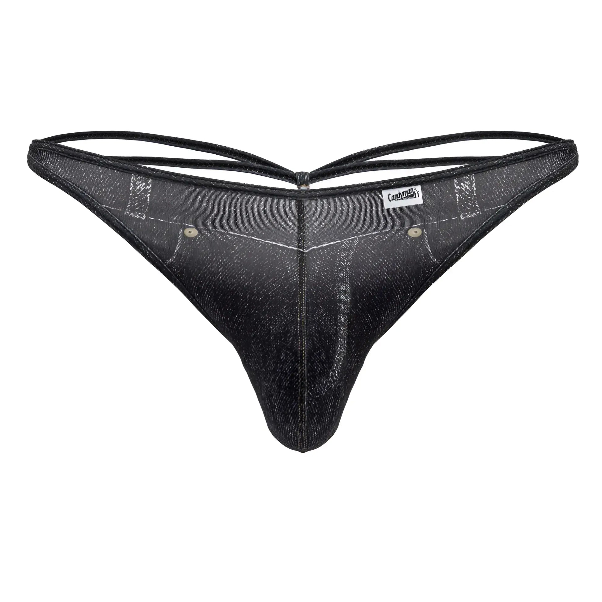 Black denim-style CandyMan 99899 cowboy thong with subtle glittery sheen and reinforced stitching details