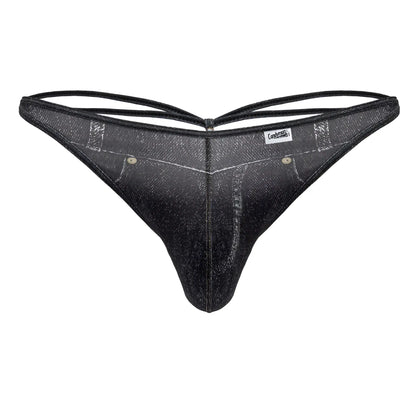 Black denim-style CandyMan 99899 cowboy thong with subtle glittery sheen and reinforced stitching details