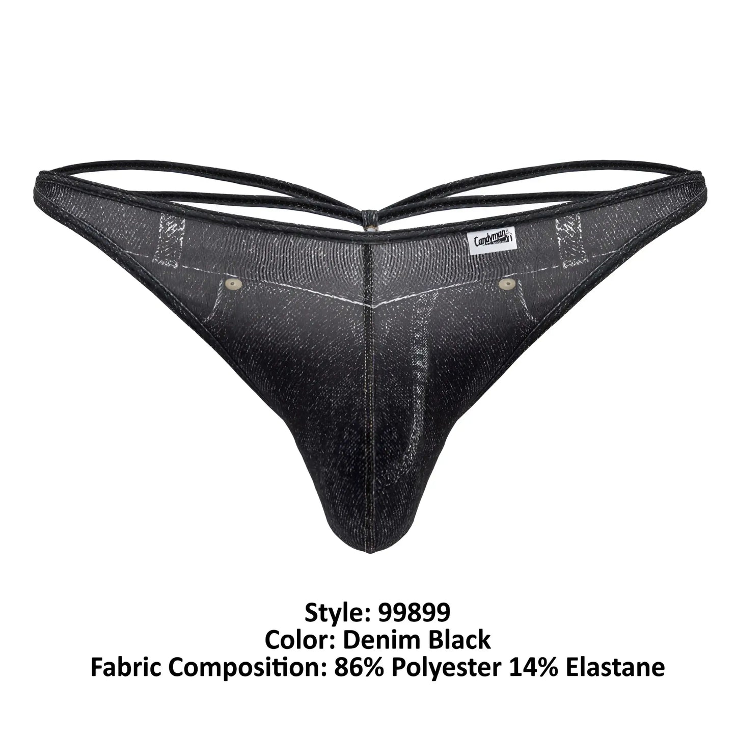 Denim black cowboy thong by candyman 99899 with textured shiny fabric and reinforced stitching details
