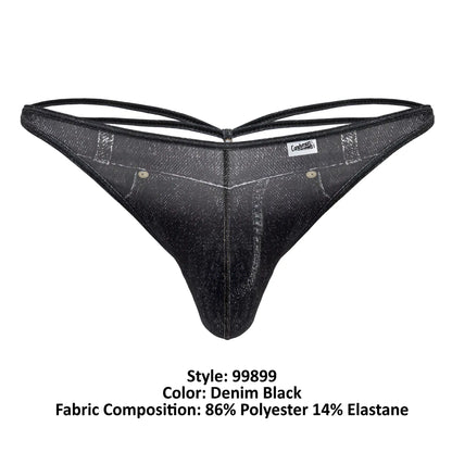 Denim black cowboy thong by candyman 99899 with textured shiny fabric and reinforced stitching details